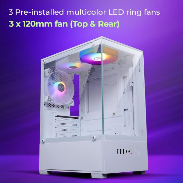 ZEBRONICS New Launch ROBUST Premium Gaming Chassis with support for mATX | Mini ITX, Wraparound Tempered Glass, 120mm Multicolor LED Ring Fans, Top Magnetic Dust Filter, 3 Fans Included (White)