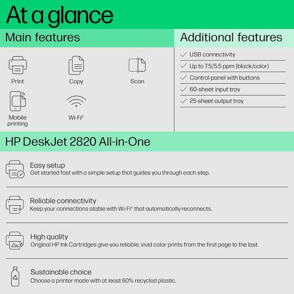 HP Deskjet 2820 Printer, Copy, Scan, WiFi with self Reset, Bluetooth, USB, Simple Setup Smart App, Ideal for Home.