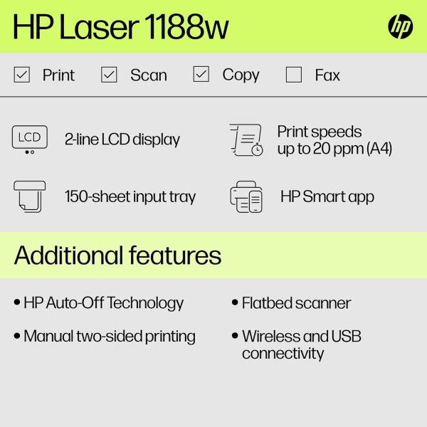 HP Laser MFP 1188w, Wireless, Print, Copy, Scan, Ethernet, Hi-Speed USB 2.0, Up to 21 ppm, 150-sheet Input Tray, 100-sheet Output Tray, 10,000-page Duty Cycle, Black and White