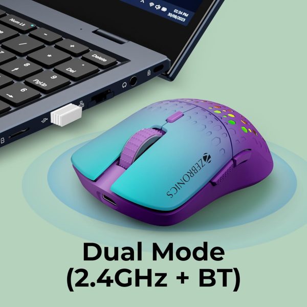 ZEBRONICS MARINE Wireless Mouse with Rechargeable Battery, BT + 2.4GHz, 6 Buttons, 4 DPI, 1000/1600/2400/3200, Comfortable & Ergonomic Design, Multicolor LED lights (Purple