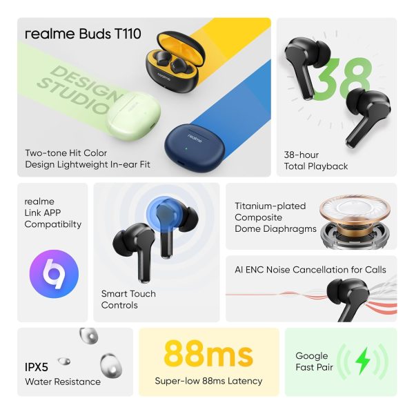 realme Buds T110 with Ai Enc for Calls, Upto 38 Hours of Playback and Fast Charging Bluetooth in Ear Headset (Punk Black, True Wireless)