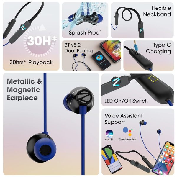 Zebronics Yoga N2 RGB in Ear Neckband with 30H Playtime, ENC Mic, Upto 50ms Gaming Mode, Powerful Bass, Voice Assistant, IPX4, Dual Pairing, BT v5.2, Type C Port, Wireless Earphones with Mic(Blue)