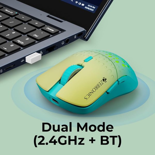 ZEBRONICS MARINE Wireless Mouse with Rechargeable Battery, BT + 2.4GHz, 6 Buttons, 4 DPI, 1000/1600/2400/3200, Comfortable & Ergonomic Design, Multicolor LED lights (Green)