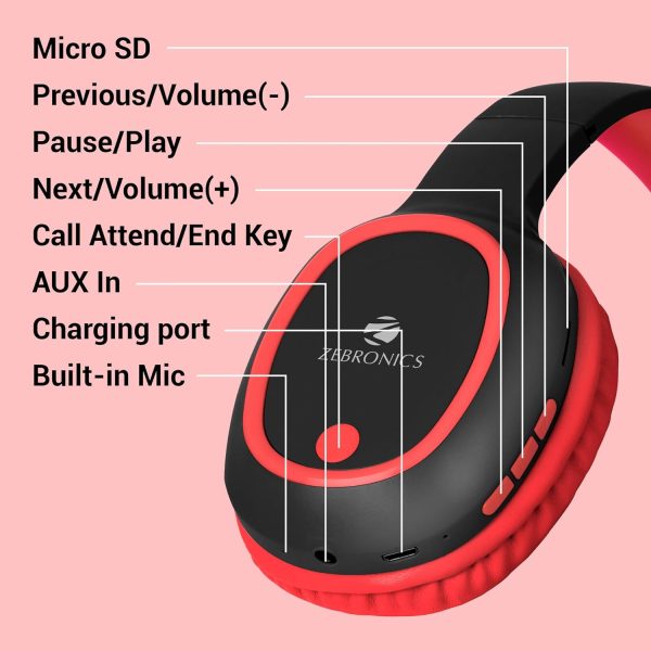 Zebronics Thunder Bluetooth 5.3 Over ear Wireless Headphones with 60H Backup, Gaming Mode, Dual Pairing, ENC, AUX, Micro SD, Voice Assistant, Comfortable Earcups, Call Function (Red)