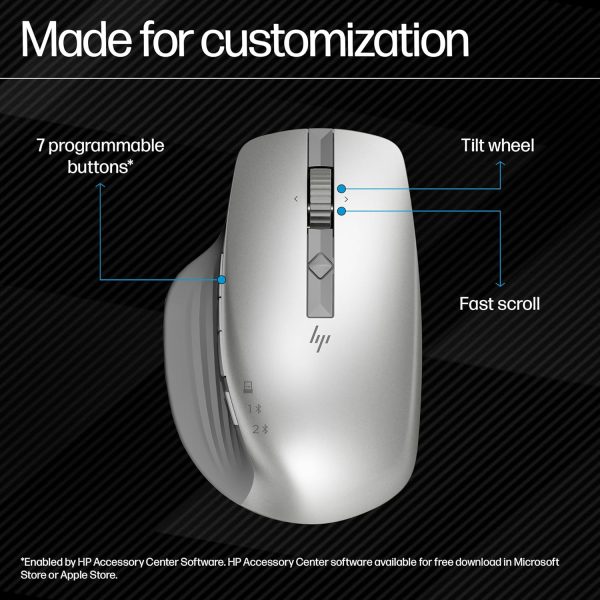 HP 930 Creator Wireless Mouse, USB-A dongle, Bluetooth 5.1, 7 programmable buttons, Up to 4000 dpi, Pair up to 3 devices, Rechargeable 12-week battery, 3-year warranty, 0.13 kg, Silver, 1D0K9AA