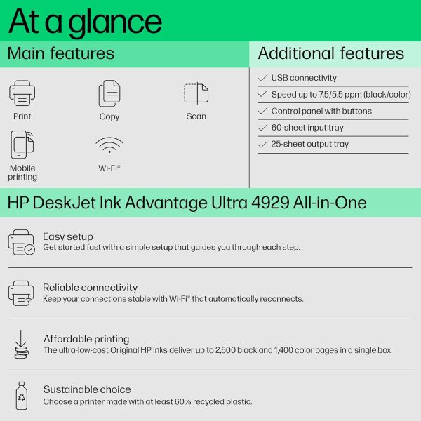 HP Ink Advantage Ultra 4929 Print, Copy, Scan, Self Reset WiFi, Smart App Setup, Print per Page Cost Starting at 44paise/Page with 2 Additional Sets of Inks, Ideal for Home