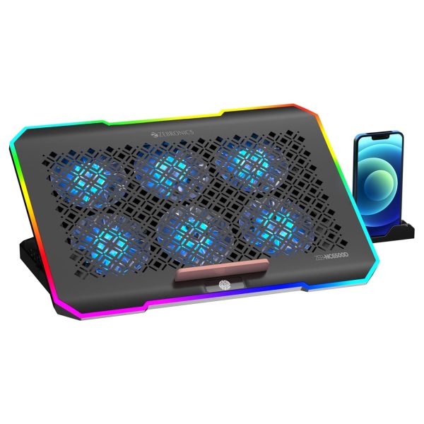 ZEBRONICS NC6500D Laptop Cooling Pad with Support up to 17 inch (43.18 cm) Laptops, Hexa Fans, Speed Control, RGB LED, Detachable Mobile Holder, 5 Step Retractable Stand, Built in USB Ports (Black)