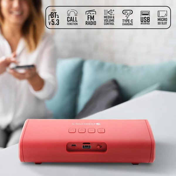 ZEBRONICS Knock out Portable Bluetooth v5.3 Speaker with 10W output, RGB LED Lights, TWS Function, up to 10h* backup, USB, mSD, Passive Radiator (Red)