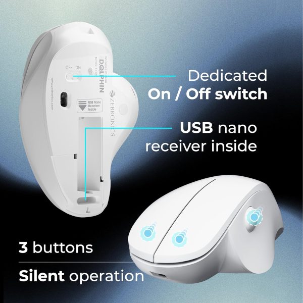 ZEBRONICS Dolphin Silent Wireless Mouse, Dual Mode Bluetooth, 2.4GHz, 1200 DPI, 3 Buttons, USB Nano Receiver, Thumb Scroll Wheel, Glossy Finish and Ergonomic Design (White)