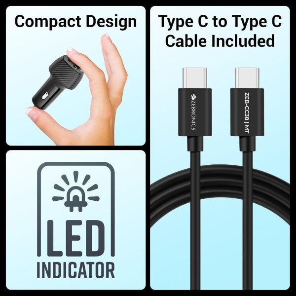 Zebronics Cc38 Car Charger with 38 Watts Rapid Charge, Dual Output Ports (USB + Type C Pd), Compact Design, Built in Protections, Led Indicator, Type C to Type C Cable Included for Smartphones, Black