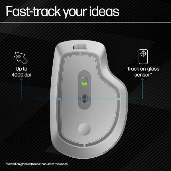 HP 930 Creator Wireless Mouse, USB-A dongle, Bluetooth 5.1, 7 programmable buttons, Up to 4000 dpi, Pair up to 3 devices, Rechargeable 12-week battery, 3-year warranty, 0.13 kg, Silver, 1D0K9AA