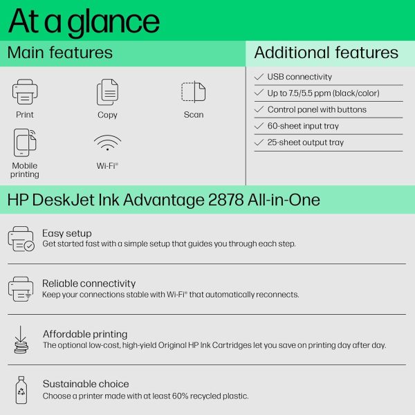 HP Ink Advantage 2878 Printer, Copy, Scan, WiFi, Bluetooth, USB, Simple Setup Smart App, Ideal for Home.