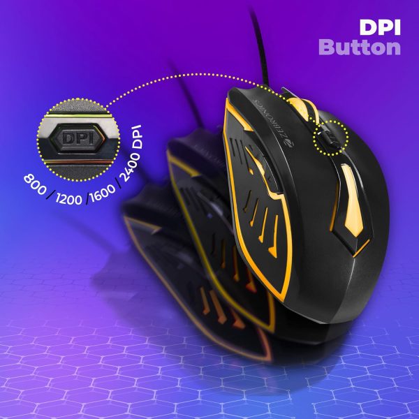 ZEBRONICS Sniper High Precision Wired Gaming Mouse with 6 Buttons, Multicolor LED Lights, DPI Switch with 800/1200/1600/2400 DPI’s, Plug & Play, 1 Million Clicks, 87 Grams Light Mouse