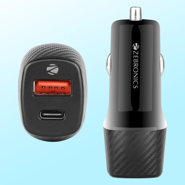 Zebronics Cc38 Car Charger with 38 Watts Rapid Charge, Dual Output Ports (USB + Type C Pd), Compact Design, Built in Protections, Led Indicator, Type C to Type C Cable Included for Smartphones, Black