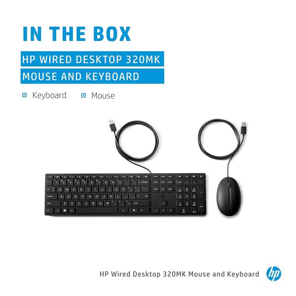 HP 320MK Wired USB Desktop Full-Size Keyboard Mouse Combo with Optical Sensor and Comfortable fit Design with Reduces Size Keyboard