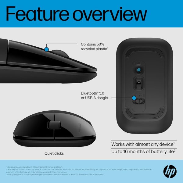 HP Z3700 Dual Black Mouse, Bluetooth 5.0, USB-A dongle, 2.4 GHz wireless connection, Multi-surface tracking, Silent clicks, Up to 1600 dpi, 16-month battery life, 3-year warranty, 50g, Black, 758A8AA