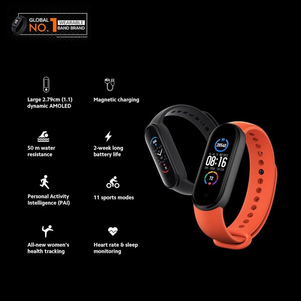 MI Smart Band 5- India's No. 1 Fitness Band, 1.1" (2.8 cm) AMOLED Color Display, 2 Weeks Battery Life, Personal Activity Intelligence (PAI), 11 Sports Mode, Heart Rate, Women's Health Tracking (Black)