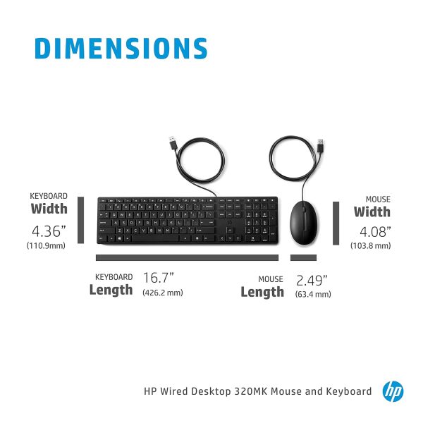 HP 320MK Wired USB Desktop Full-Size Keyboard Mouse Combo with Optical Sensor and Comfortable fit Design with Reduces Size Keyboard