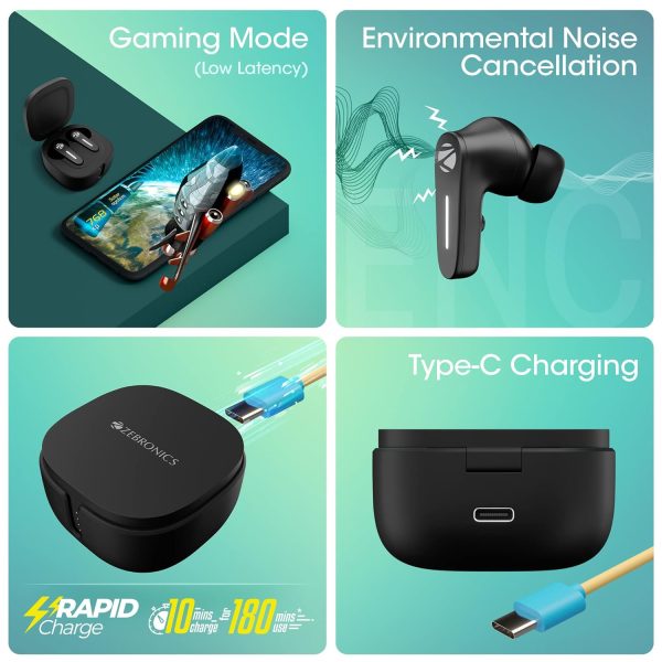 Zebronics Sound Bomb 7 Bluetooth TWS in Ear Earbuds with 40H Playtime, ENC Mic, Rapid Charge, Upto 50ms Gaming Mode, Flash Connect, Voice assistant, Smooth Touch Control, BT v5.2, Type C (Black)