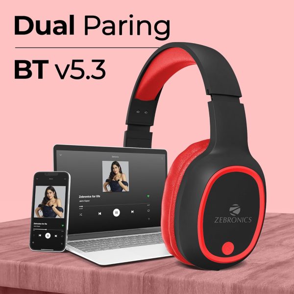 Zebronics Thunder Bluetooth 5.3 Over ear Wireless Headphones with 60H Backup, Gaming Mode, Dual Pairing, ENC, AUX, Micro SD, Voice Assistant, Comfortable Earcups, Call Function (Red)