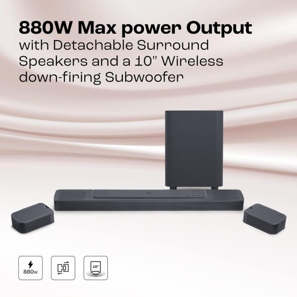 JBL Bar 1000 Pro, 11.1 (7.1.4) Channel Truly Wireless Soundbar with True Dolby Atmos®, DTS:X, and MultiBeam™ Surround Sound, 10” Down-Firing Wireless Subwoofer, HDMI eARC, BT,WiFi,Alexa, One App(880W)