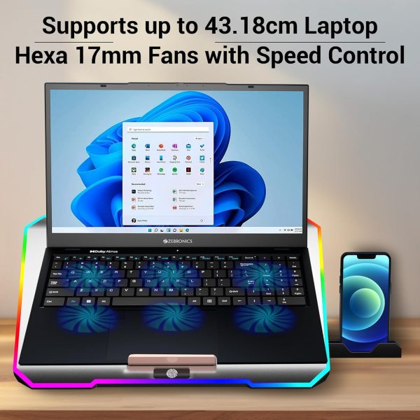 ZEBRONICS NC6500D Laptop Cooling Pad with Support up to 17 inch (43.18 cm) Laptops, Hexa Fans, Speed Control, RGB LED, Detachable Mobile Holder, 5 Step Retractable Stand, Built in USB Ports (Silver)