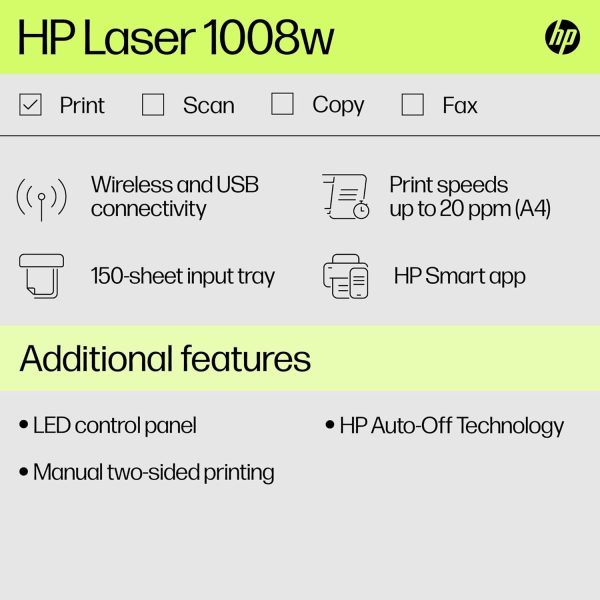 HP Laser 1008w Printer, Wireless, Single Function, Print, Hi-Speed USB 2.0, Up to 21 ppm, 150-sheet Input Tray, 100-sheet Output Tray, 10,000-page Duty Cycle, 1-Year Warranty, Black and White, 714Z9A