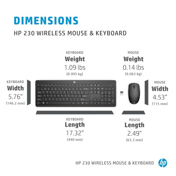 HP 230 Black Chicklet Wireless USB Keyboard and Mouse Set with 2.4GHz Wireless Connection and 12 Function Keys/ 16 Months Battery Life/ 1600 dpi/Black (18H24AA)