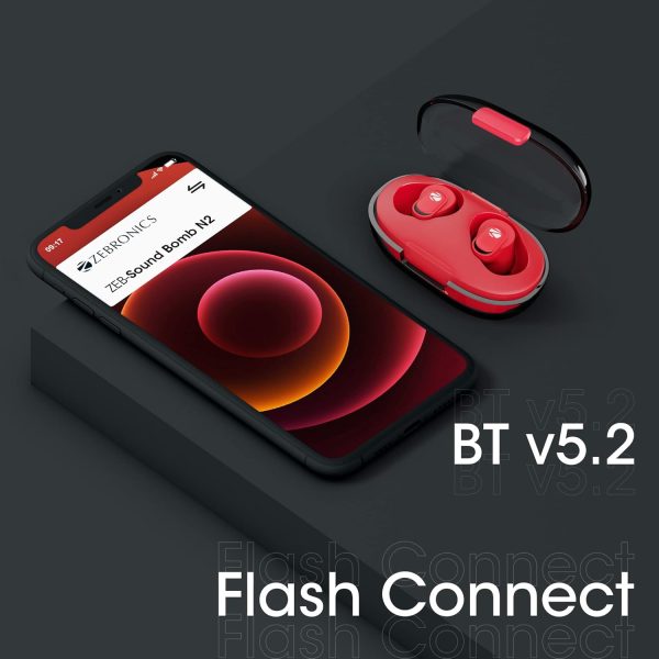 Zebronics Zeb-Sound Bomb N2 TWS Wireless in Ear Earbuds with 50ms Low Latency Gaming, ENC, Voice Assistant, Flash Connect, Splash Proof, BT v5.2, up to 12H Backup, Call Function and Type C (Red)