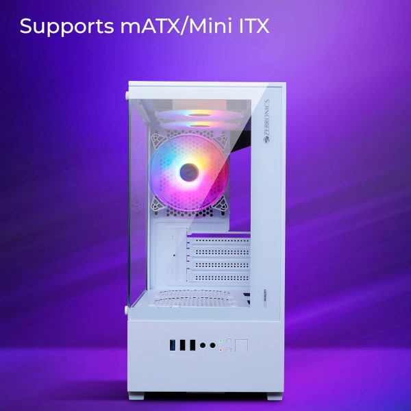 ZEBRONICS New Launch ROBUST Premium Gaming Chassis with support for mATX | Mini ITX, Wraparound Tempered Glass, 120mm Multicolor LED Ring Fans, Top Magnetic Dust Filter, 3 Fans Included (White)