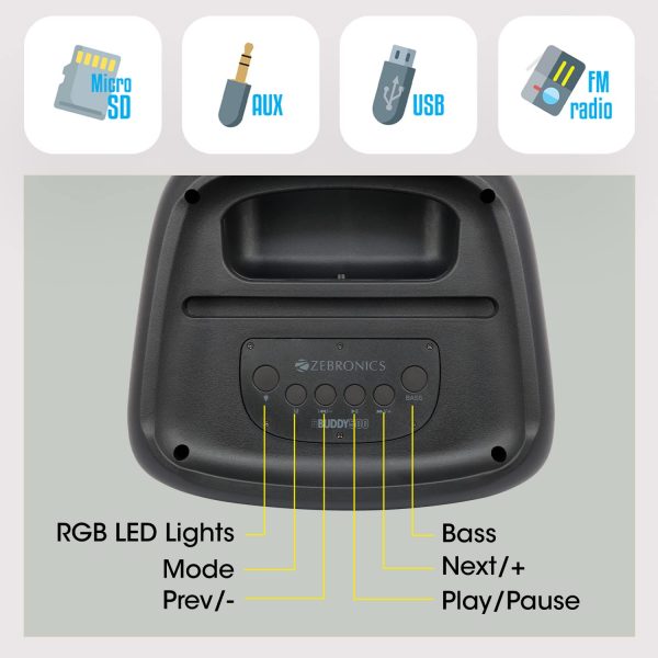 Zebronics Zeb-Buddy 500 Portable Wireless Speaker with BT v5.0, 25W RMS Output, TWS, 20.3cm(8”) Driver, 5H Backup, USB, mSD, AUX, FM Radio and Built in Rechargeable Battery, Black