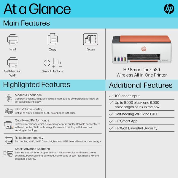 HP Smart Tank 589 AIO WiFi Color Printer (Upto 6000 Black and 6000 Colour Pages of Ink in The Box). - Print, Scan & Copy for Office/Home