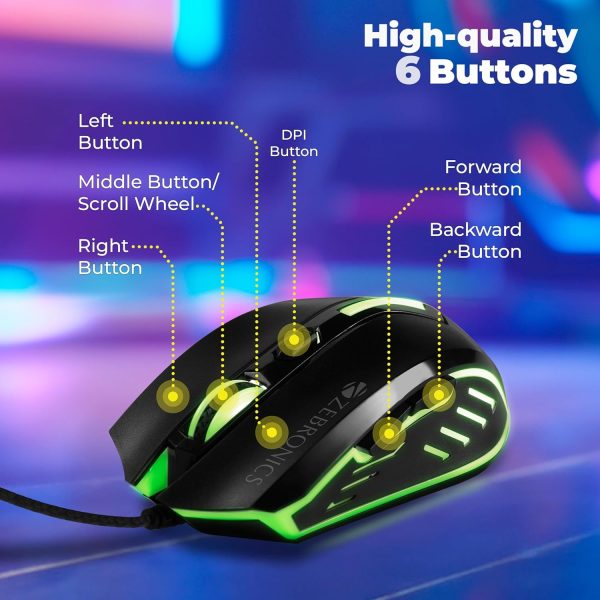 ZEBRONICS Sniper High Precision Wired Gaming Mouse with 6 Buttons, Multicolor LED Lights, DPI Switch with 800/1200/1600/2400 DPI’s, Plug & Play, 1 Million Clicks, 87 Grams Light Mouse