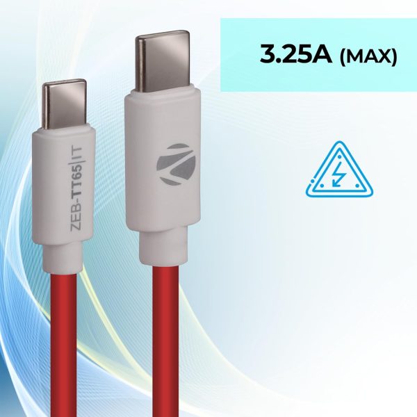 ZEBRONICS TT65 Type C - Type C Cable, 65 Watts PD, Rapid Charging, Charge & Sync, 1 Meter, Compatible with iPhone 15 | Samsung | OnePlus | Xiaomi | Realme | Oppo