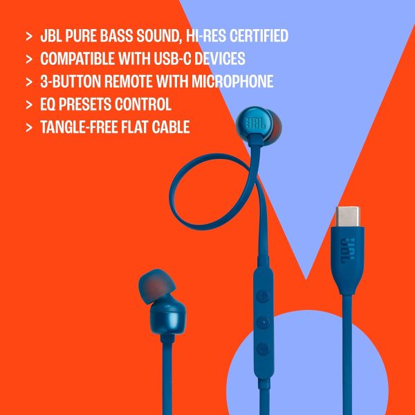 JBL Tune 310 Wired in-Ear Type C Headphones, Hi-Res Audio with Digital-to-Analog Converter, 3-Button EQ Preset Remote with Microphone, Tangle-Free Flat Cable, Compatible with USB-C Devices (Black)