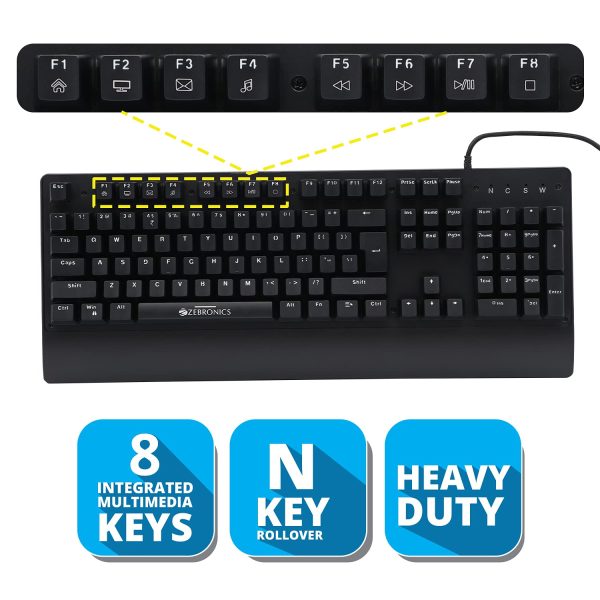 ZEBRONICS Zeb-Nitro 1 Heavy Duty 104 Keys Mechanical Keyboard with 1.8 Meter Braided Cable, Gold Plated USB Connector, Rupee Key, N-Key Rollover