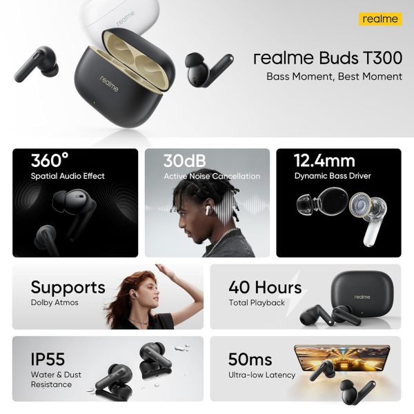 realme Buds T300 Truly Wireless in-Ear Earbuds with 30dB ANC, 360° Spatial Audio Effect, 12.4mm Dynamic Bass Boost Driver with Dolby Atmos Support, Upto 40Hrs Battery and Fast Charging (Youth White)