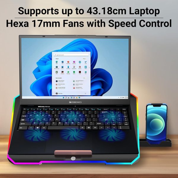 ZEBRONICS NC6500D Laptop Cooling Pad with Support up to 17 inch (43.18 cm) Laptops, Hexa Fans, Speed Control, RGB LED, Detachable Mobile Holder, 5 Step Retractable Stand, Built in USB Ports (Black)