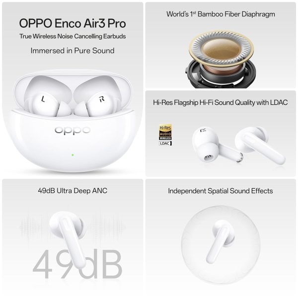 OPPO Enco Air3 Pro True Wireless in Ear Earbuds with Industry first Composite Bamboo Fiber, 49dB ANC, 30H Playtime, 47ms Ultra low latency,Fast Charge,BT 5.3 (White)