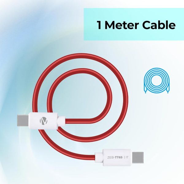 ZEBRONICS TT65 Type C - Type C Cable, 65 Watts PD, Rapid Charging, Charge & Sync, 1 Meter, Compatible with iPhone 15 | Samsung | OnePlus | Xiaomi | Realme | Oppo