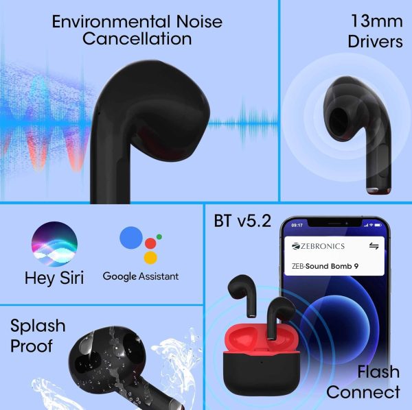 Zebronics SOUND BOMB 9 Semi in ear Bluetooth v5.2 TWS earbuds with 16H backup, ENC Calling, Gaming mode (Upto 50ms), Voice assistant, Flash connect, Silicone case, Splash proof and Type C (Black)