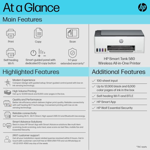 HP Smart Tank 580 AIO WiFi Colour Printer with 1 Extra Black Ink Bottle (Upto 12000 Black & 6000 Colour Prints) + 1 Year Extended Warranty with PHA Coverage -Print, Scan & Copy