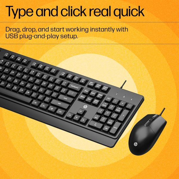 HP KM 180 Wired Mouse and Keyboard Combo, USB Plug-and-Play, 1200 dpi, Full-Size Layout with Numeric pad, Up to 10 Million keystrokes, Up to 1 Million clicks, 1-Year Warranty, 0.52 kg, Black, 7J4G3AA