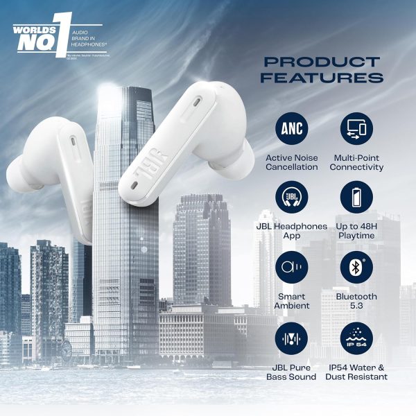 JBL Tune Beam In Ear Wireless TWS Earbuds with Mic, ANC Earbuds, Customized Extra Bass with Headphones App, 48 Hrs Battery, Quick Charge, 4-Mics, IP54, Ambient Aware & Talk-Thru, Bluetooth 5.3 (White)