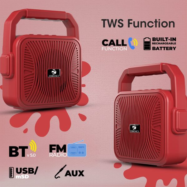 ZEBRONICS Zeb-County 2 Portable Wireless Speaker Supporting Bluetooth v5.0, FM Radio, Call Function, Built-in Rechargeable Battery, USB/Micro SD Card Slot, 3.5mm AUX Input, TWS (Red)