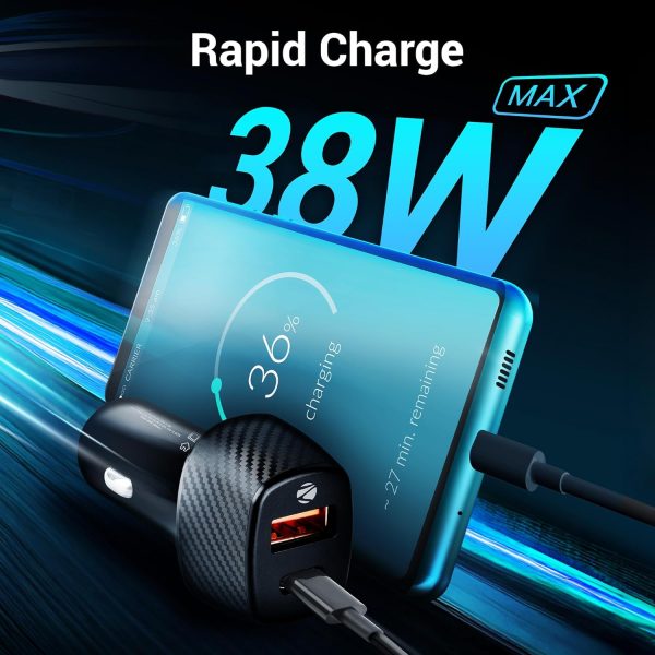 Zebronics Cc38 Car Charger with 38 Watts Rapid Charge, Dual Output Ports (USB + Type C Pd), Compact Design, Built in Protections, Led Indicator, Type C to Type C Cable Included for Smartphones, Black