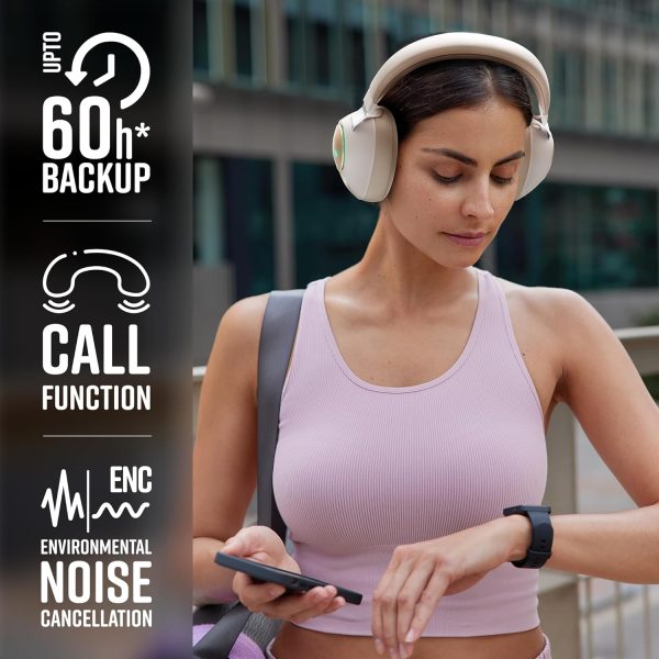 ZEBRONICS DUKE Wireless Headphone with Up to 60h Backup, Supports Bluetooth, Dual Pairing, Gaming Mode, Environmental Noise Cancellation (ENC), LED Lights, Deep Bass, Voice Assistant Support (Beige)