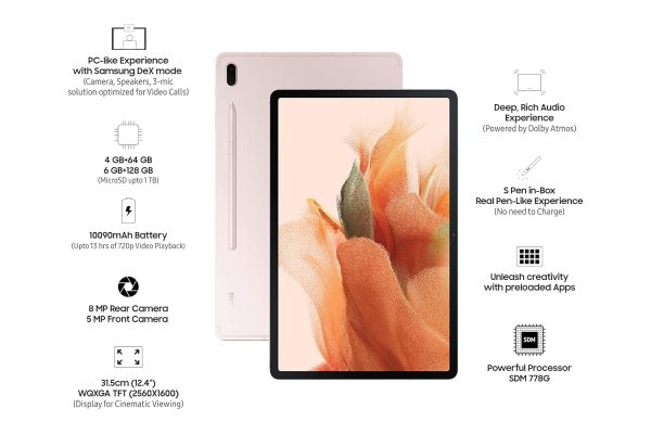 Samsung Galaxy Tab S7 FE 31.5 cm (12.4 inch) Large Display, S-Pen in Box, Slim Metal Body, Dolby Atmos Sound, RAM 4 GB, ROM 64 GB Expandable, Wi-Fi Tablet, Mystic Pink