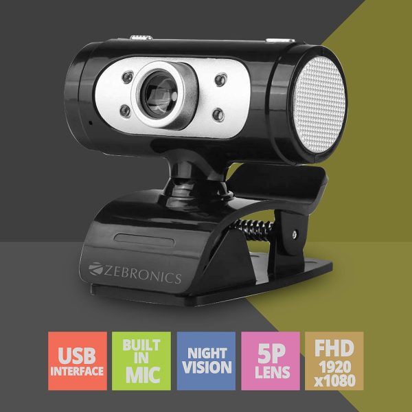 ZEBRONICS Zeb-Ultimate Pro (Full Hd) 1080P/30Fps Webcam With 5P Lens, Built-In Mic, Auto White Balance, Night Vision, Digital Manual Switch For Led (Black)