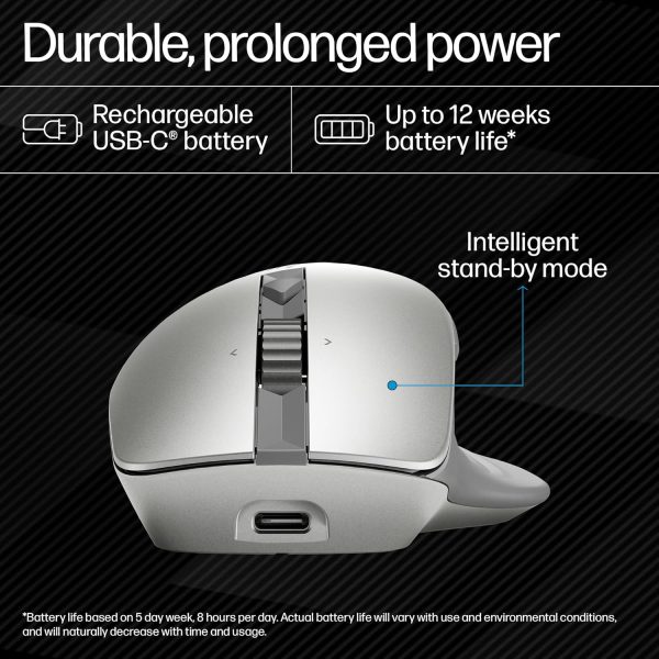 HP 930 Creator Wireless Mouse, USB-A dongle, Bluetooth 5.1, 7 programmable buttons, Up to 4000 dpi, Pair up to 3 devices, Rechargeable 12-week battery, 3-year warranty, 0.13 kg, Silver, 1D0K9AA